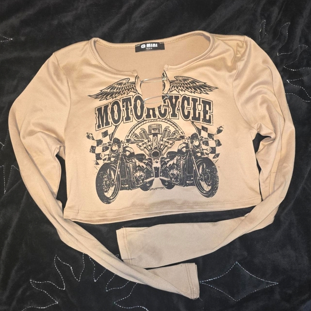 G Mini Tan Motorcycle Graphic Crop Top